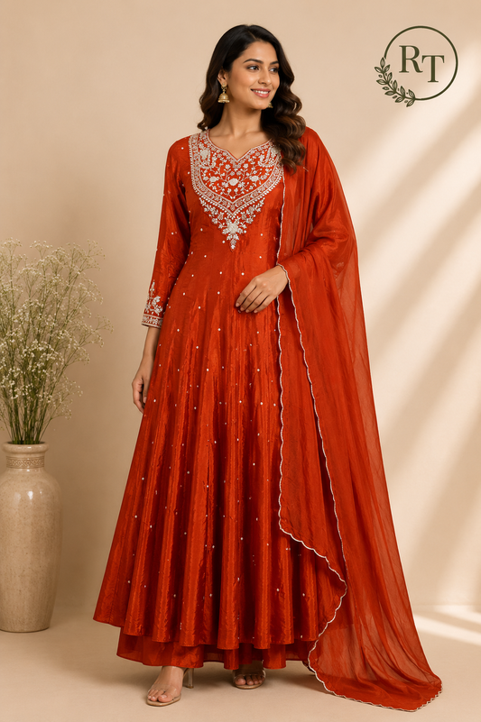 Rust Imperial Chinon Embroidered Anarkali Suit Set (RT1239)