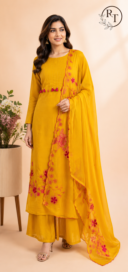 Mustard Bloom Embroidered Chanderi Suit Set