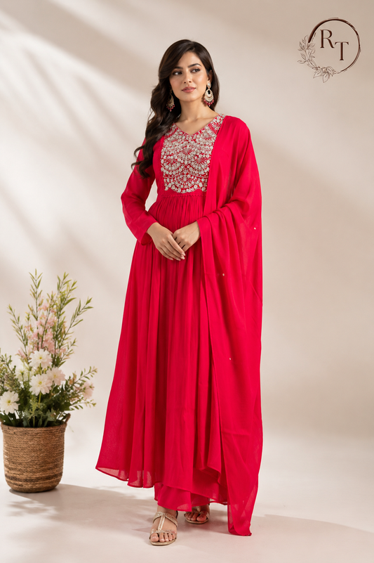 Crimson Royale Mull Chanderi Embroidered Anarkali Suit Set (RT1150)