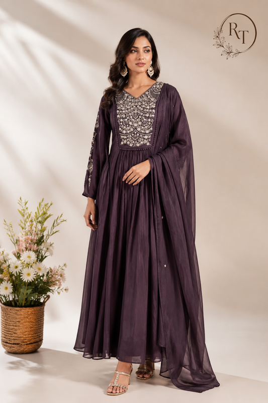Mocha Imperial Mull Chanderi Embroidered Anarkali Suit Set (RT1151)