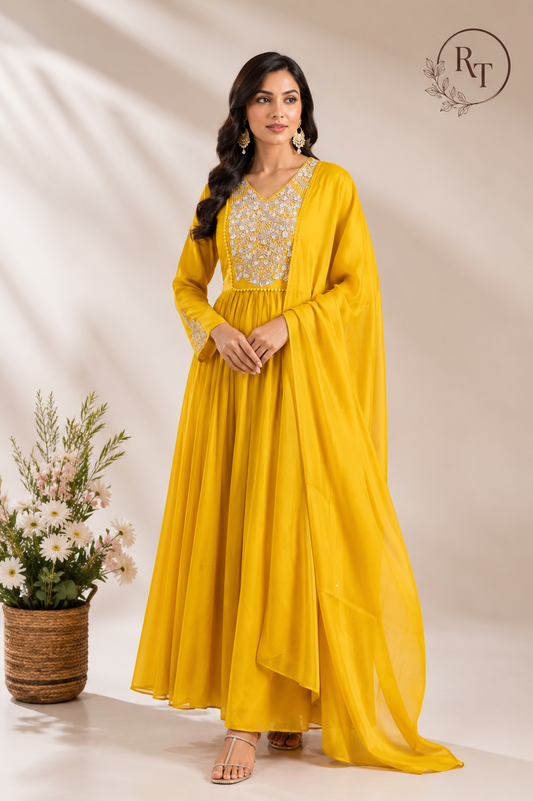 Golden Radiance Mull Chanderi Embroidered Anarkali Suit Set (RT1152)