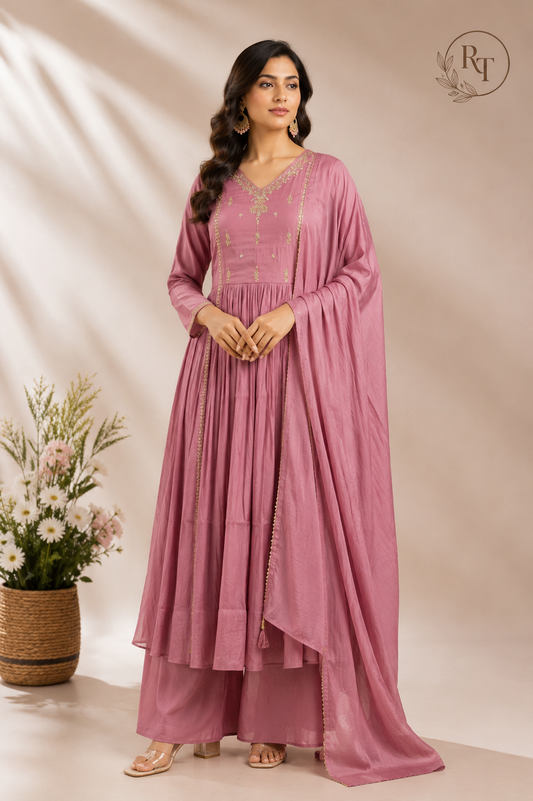 Dusty Rose Charm Premium Mull Chanderi A-Line Suit Set (RT1165)