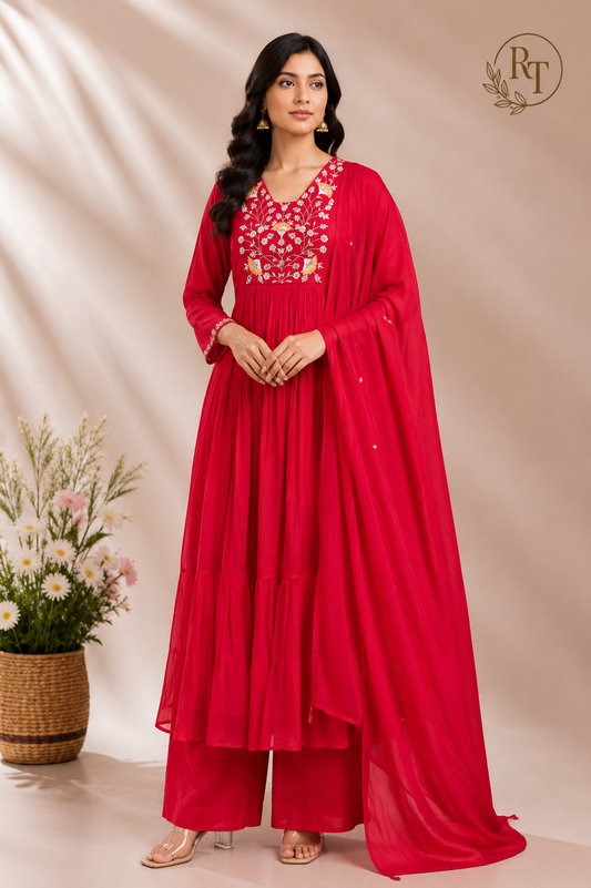 Rose Royale Premium Mull Chanderi A-Line 3 Piece Suit Set (RT1156)