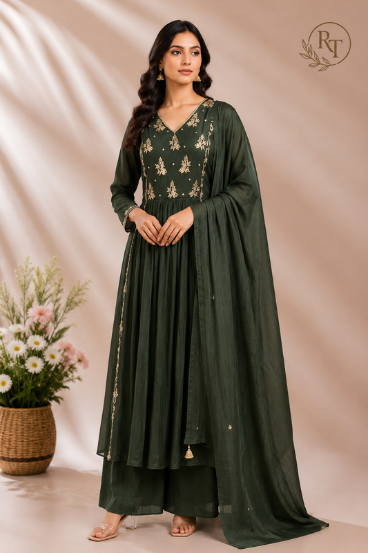 Verdant Grace Premium Mull Chanderi A-Line 3 Piece Suit Set (RT1159)