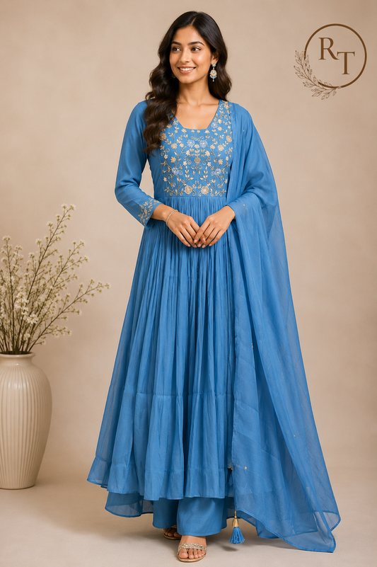 Blue Horizon Premium Mull Chanderi A-Line 3 Piece Suit Set (RT1158)