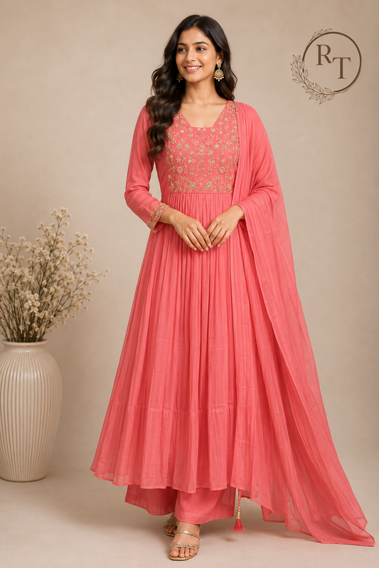 Coral Petal Glow Premium Mull Chanderi A-Line 3 Piece Suit Set (RT1157)