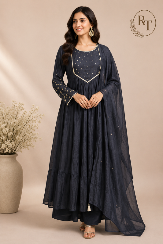 Starlit Charcoal Premium Mull Chanderi A-Line 3 Piece Suit Set (RT1160)