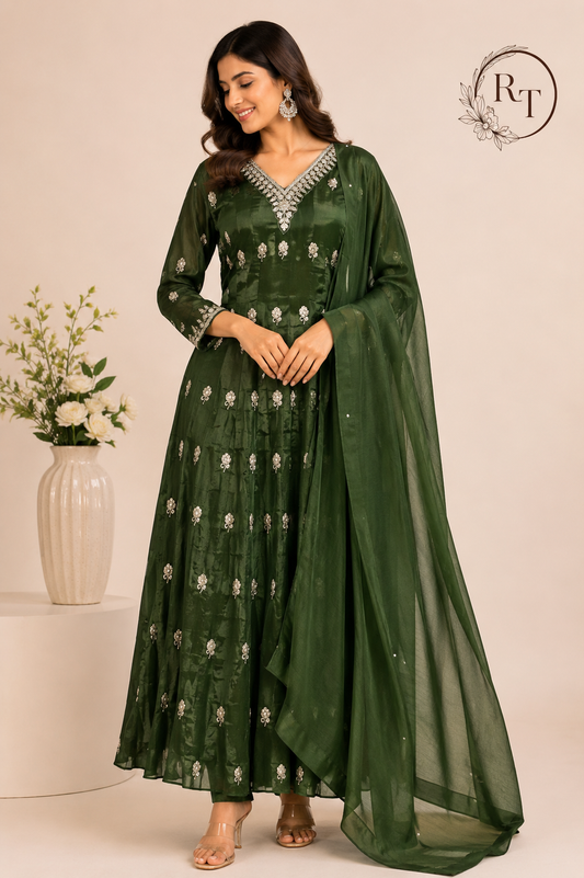 Olive Green Embroidered Chinon Anarkali Suit Set (RT1169)