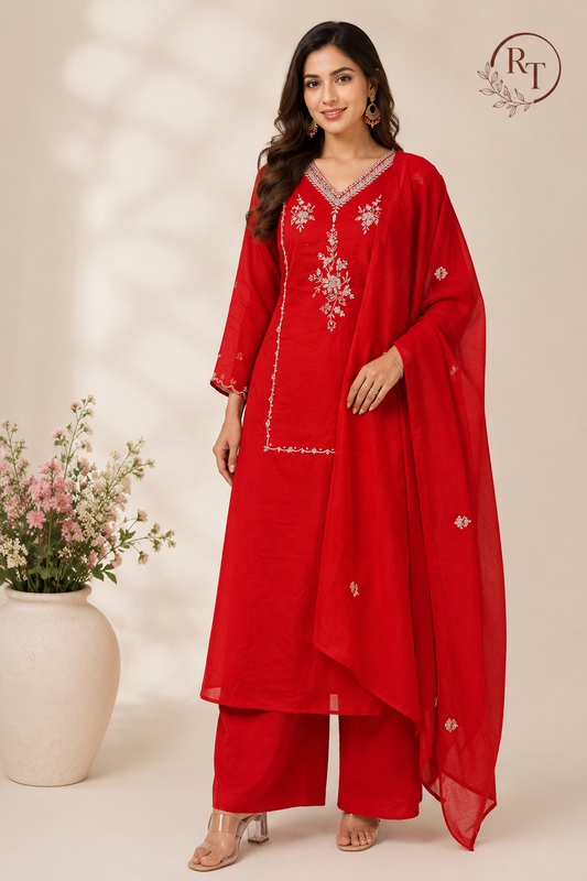 Crimson Red Mull Cotton Suit Set (RT1051)