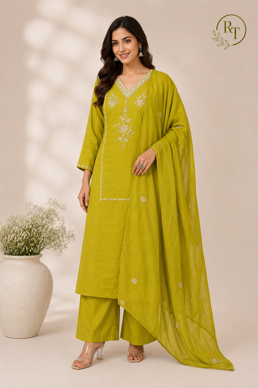 Olive Elegance Embroidered Mull Cotton Suit Set (RT1053)