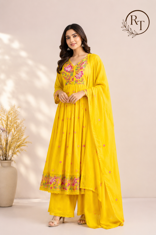 Sunlit Marigold Mull Cotton Anarkali Set (RT1065)