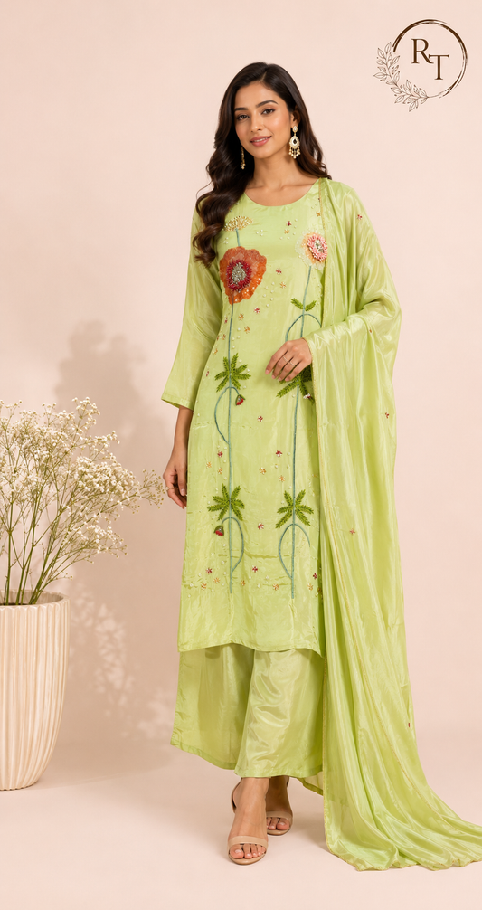 3D Floral Embroidered HO Green Suit Set (RT1072)