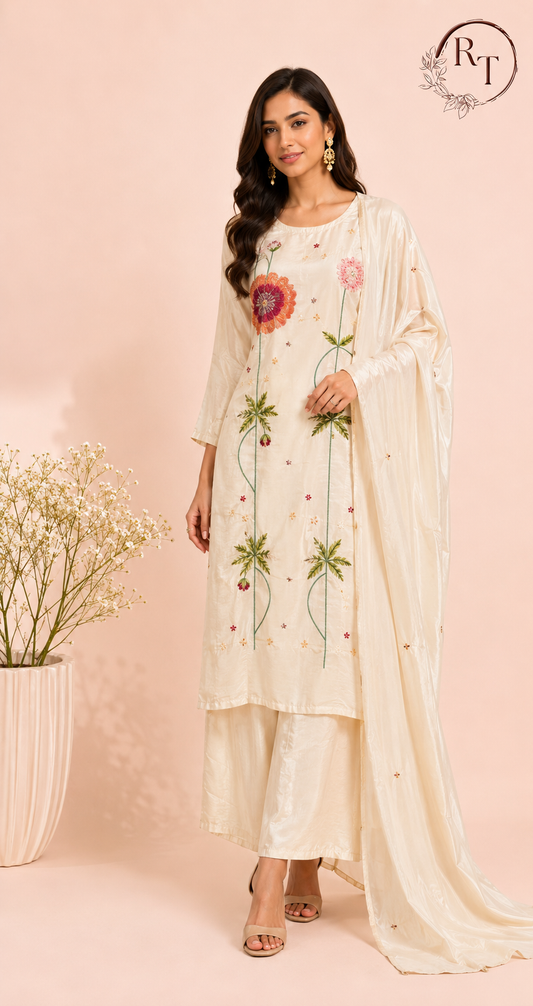 3D Floral Embroidered HO White Suit Set (RT1073)