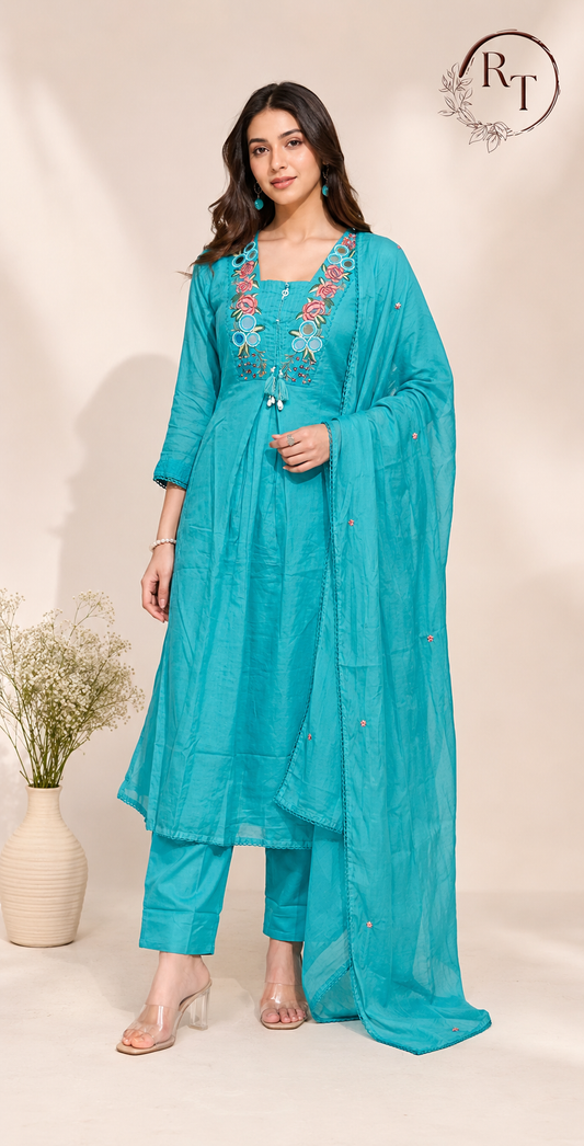 Turquoise Bloom Pure Mull Cotton Embroidered Suit Set (RT1074)