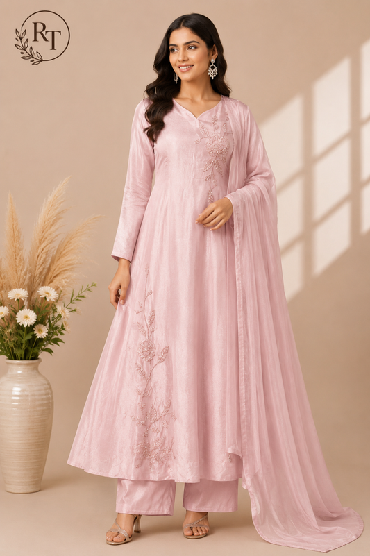 Blush Bloom Chinon Embroidered A-Line Suit Set (RT2034)