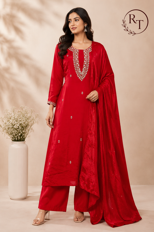 Red Blossom Chinon A-Line Anarkali Set (RT1088)
