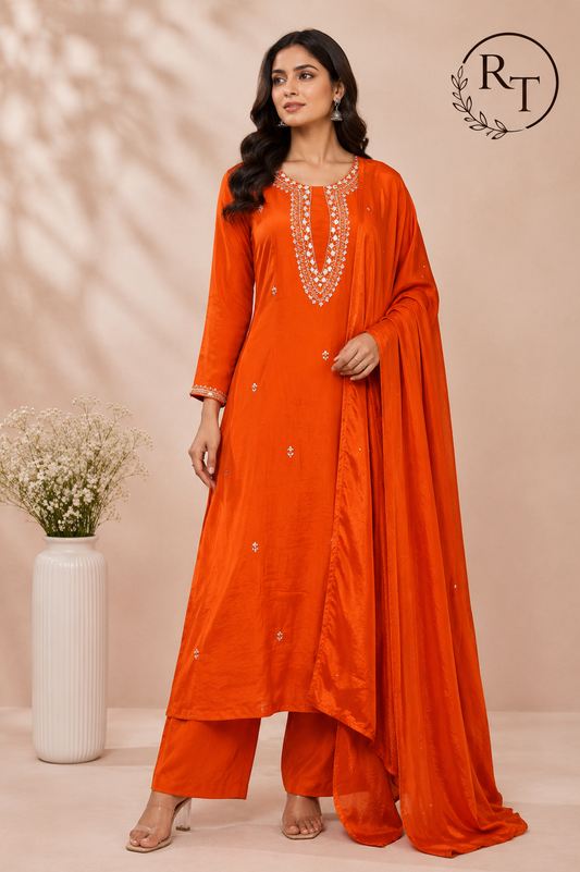 Orange Aura Chinon A-Line Anarkali Set (RT1089)
