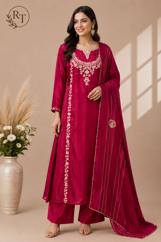 Rose Majesty Dola Silk Embroidered A-Line Suit Set (RT1086)