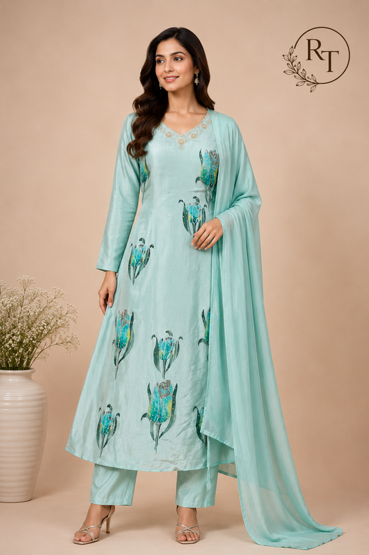 Azure Tulip Whisper – Chinon Brush Paint A-Line Anarkali Set (RT1090)