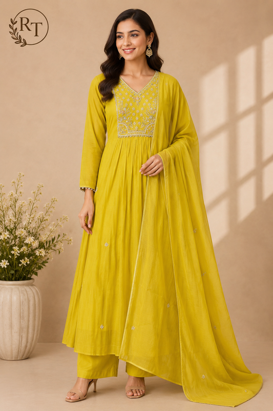 Golden Meadow Poly Mull Chanderi Embroidered Anarkali Suit Set (RT1097)