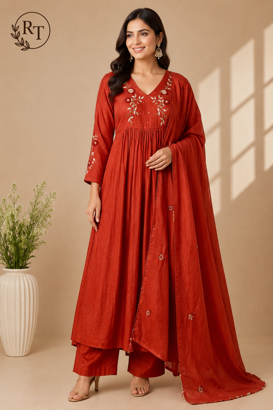 Coral Blossom Mull Cotton Embroidered Empire Cut Suit Set (RT1099)