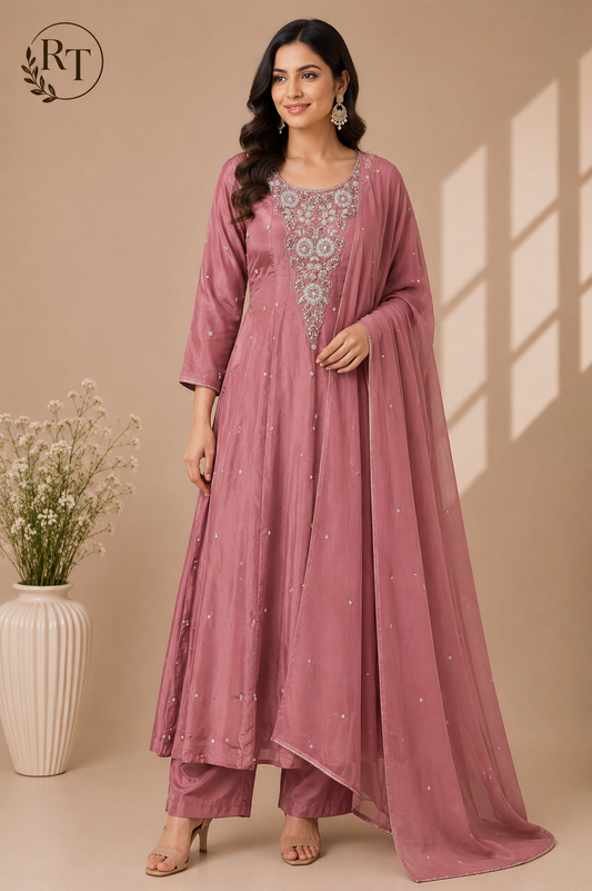 Mauve Blossom Chinon Embroidered Anarkali Suit Set (RT1101)