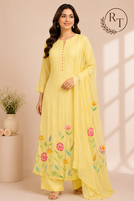 Lemon Petal – Poly Mull Chanderi 3 Piece Suit Set (RT1125)