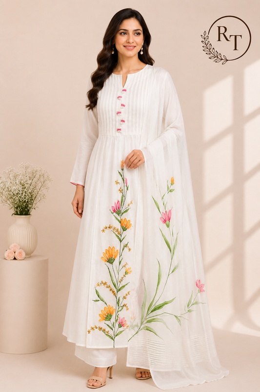 White Petals – Poly Mull Chanderi 3 Piece Suit Set (RT1124)