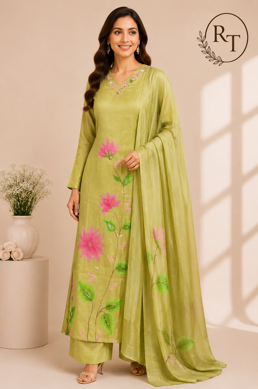 Pistachio Bloom – Poly Mull Chanderi 3 Piece Suit Set (RT1123)