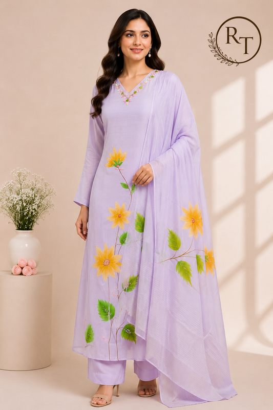 Lavender Flora – Poly Mull Chanderi 3 Piece Suit Set (RT1122)