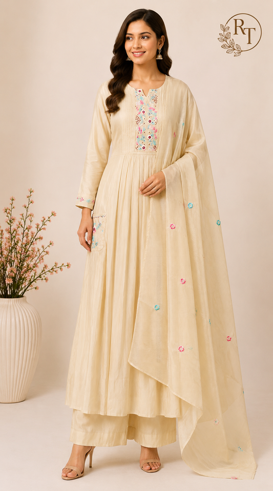 Honey Oat – Poly Mull Chanderi 3 Piece Suit Set (RT1119)