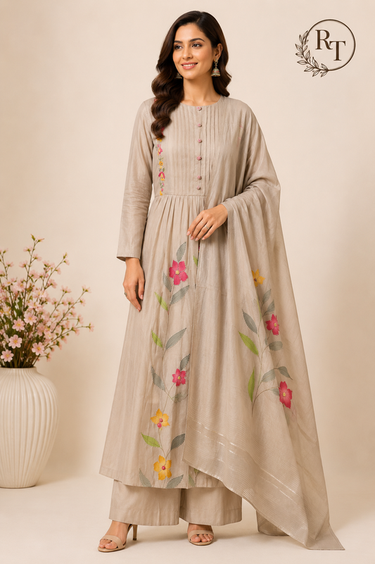 Beige Blossom – Poly Mull Chanderi 3 Piece Suit Set (RT1121)