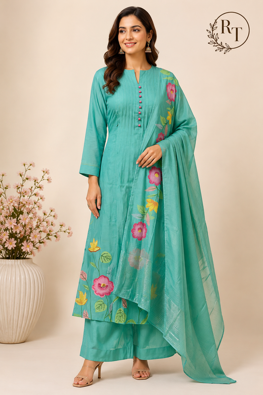 Lagoon Bloom – Poly Mull Chanderi 3 Piece Suit Set (RT1120)
