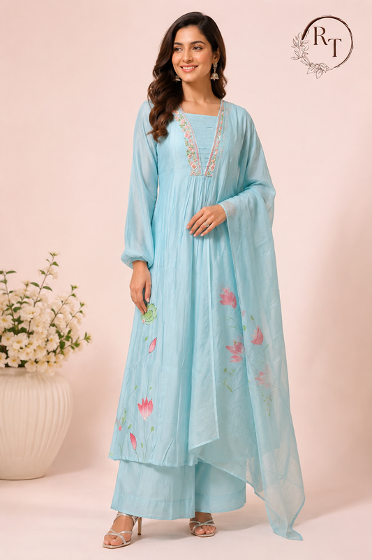 Sky Blossom – Poly Mull Chanderi A-Line Suit Set (RT1117)