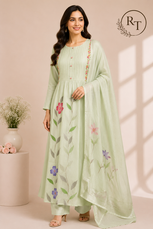 Celadon Bloom – Poly Mull Chanderi A-Line Suit Set (RT1116)