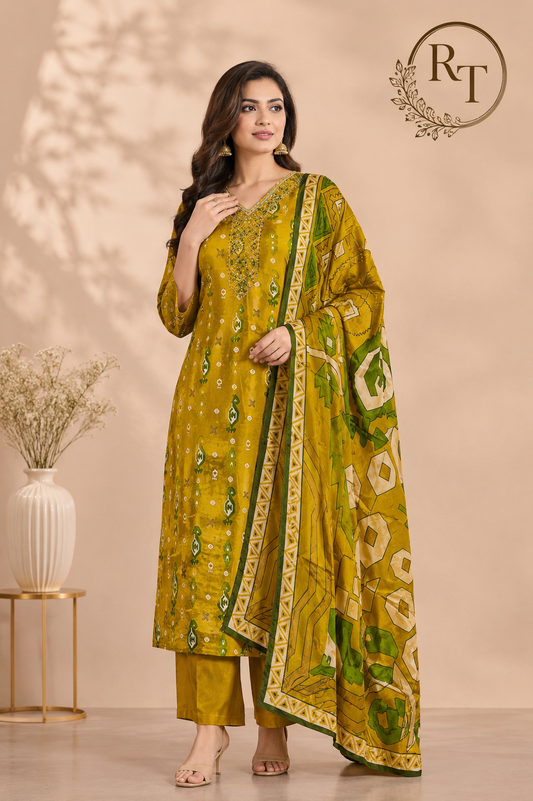 Olive Meadow Butter Crepe 3 Piece Suit Set (RT1032)