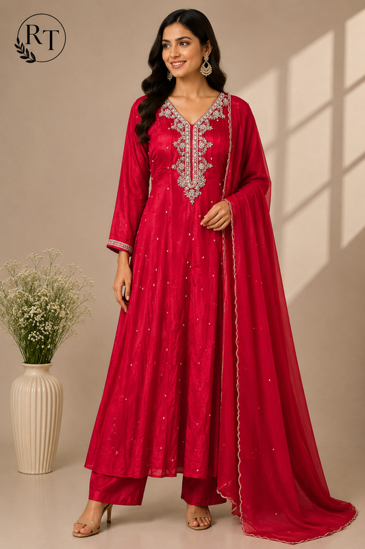 Cherry Red – Premium Chinon Anarkali Suit Set (RT1137)