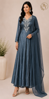 Celestial Slate – Premium Chinon Anarkali 3 Piece Suit Set (RT1127)