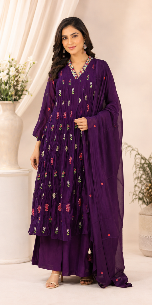 Royal Amethyst Mull Chanderi Suit Set (RT1025)