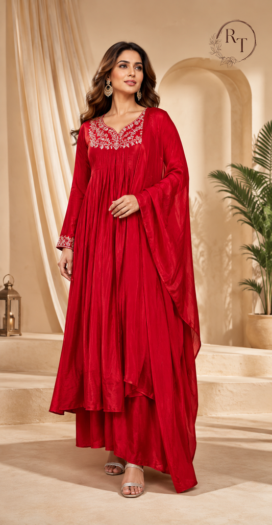 Ruby Blossom Mull Chanderi Suit Set (RT1019)