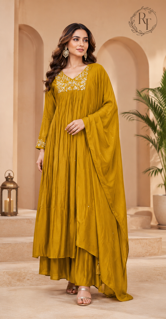 Mustard Grace Mull Chanderi Suit Set (RT1020)