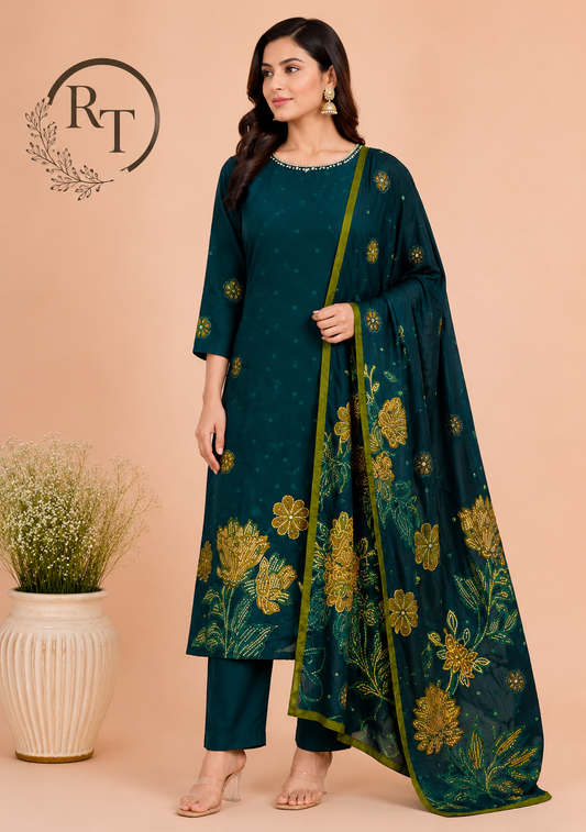Emerald Bloom Butter Crepe Suit Set (RT2031)