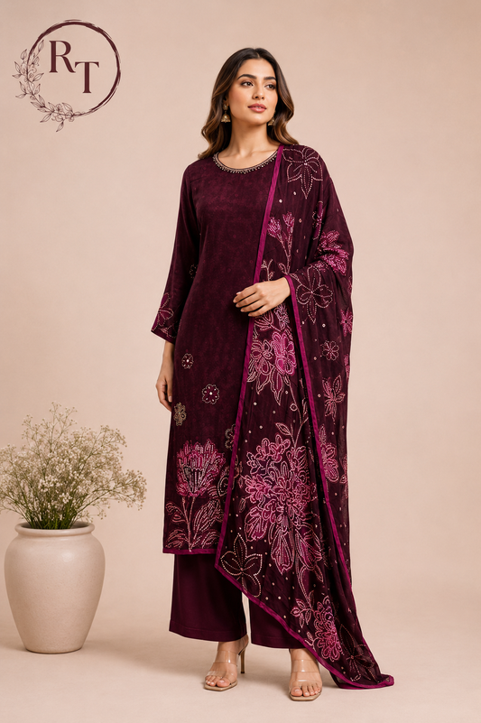 Royal Berry Blossom Butter Crepe Suit Set (RT2029)