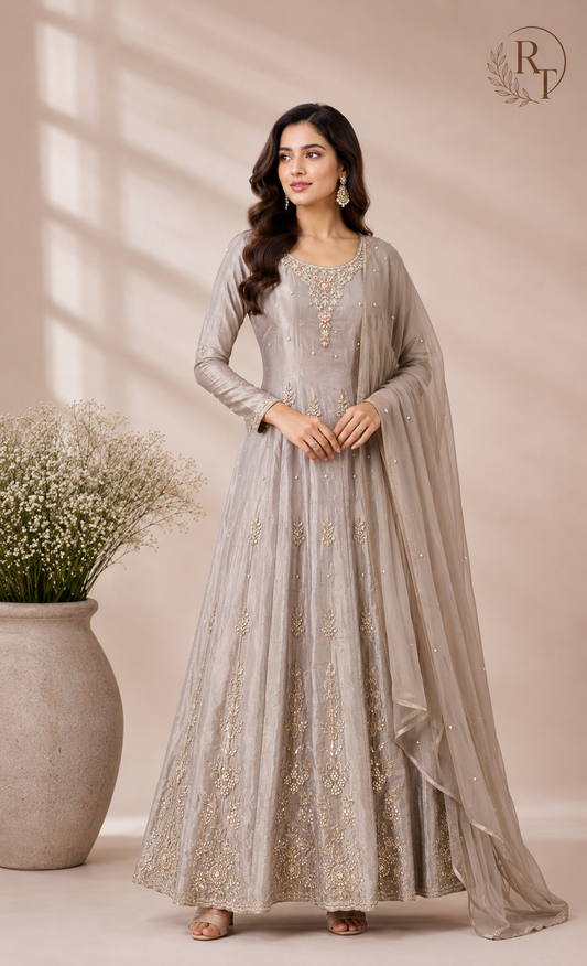 Ivory Pearl Chinon Embroidered Anarkali Suit Set (RT1036)