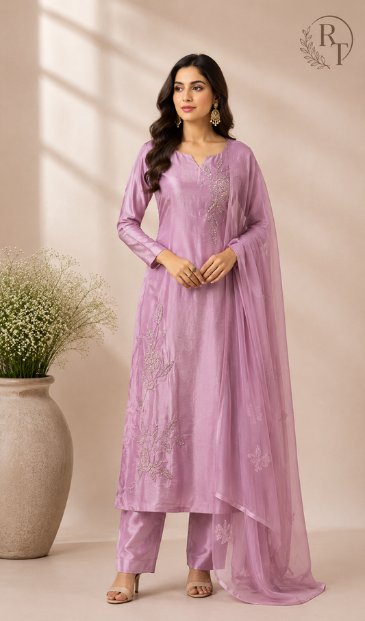 Rose Petal Chinon Embroidered A-Line Suit Set (RT1040)