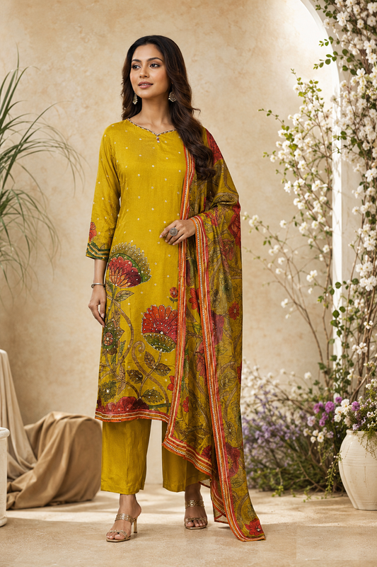 Mustard Floral Chinon Straight Cut 3-Piece Set (RT2019)