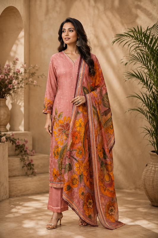 Blush Pink Floral Chinon Straight Cut 3-Piece Set (RT2020)