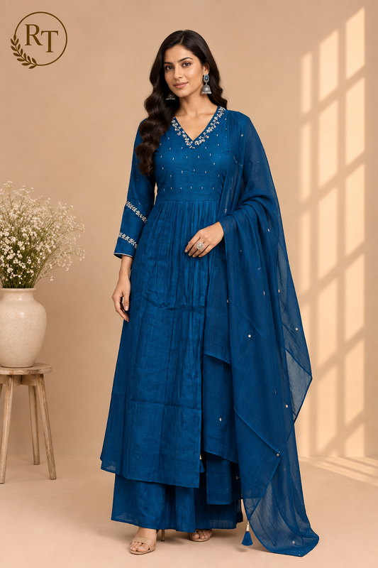 Azure Charm Mull Chanderi A-Line Suit Set (RT1470)