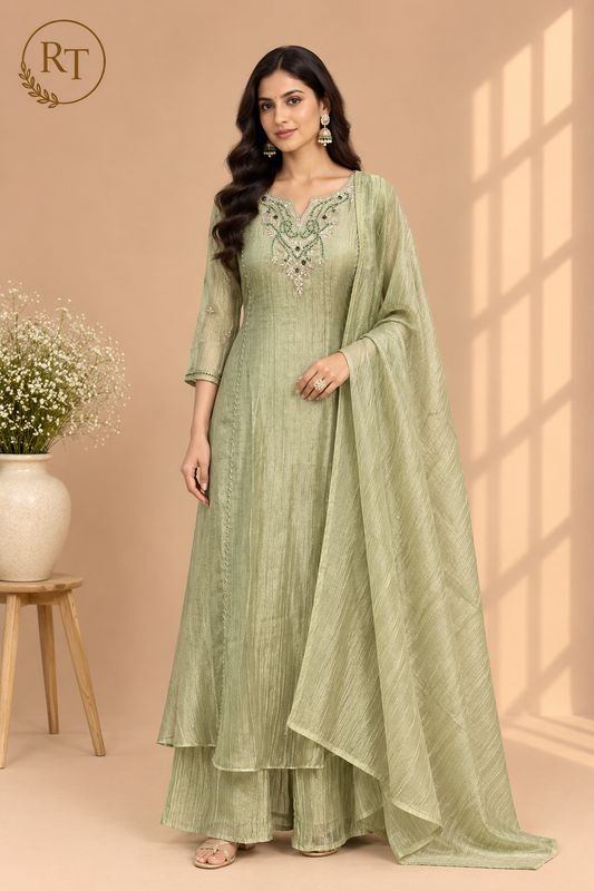 Sage Green Embroidered Salsa A-Line Suit Set (RT1465)