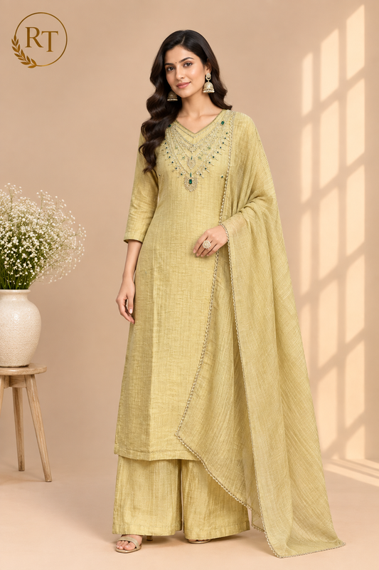 Soft Lime Embroidered A-Line Suit Set(RT1474)